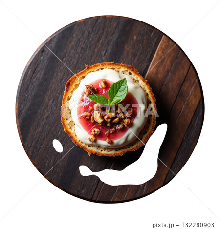 Delicious gourmet canape appetizer with creamy chicken liver mousse, rhubarb gel on crisp sourdough bread top view Delicious gourmet canape appetizer with creamy chicken liver mousse, rhubarb gel on crisp sourdough bread top view 132280903