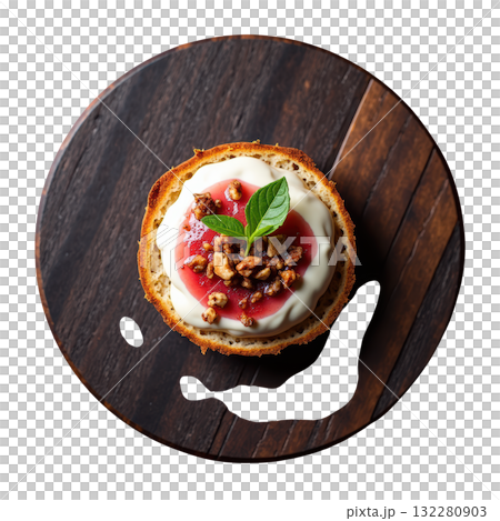 Delicious gourmet canape appetizer with creamy chicken liver mousse, rhubarb gel on crisp sourdough bread top view 132280903