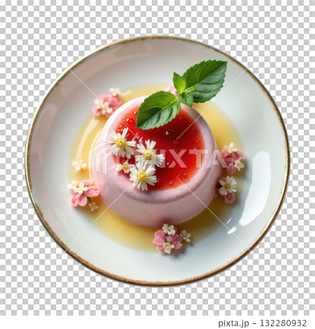Gourmet elderflower panna cotta dessert with strawberry gel. delicate and floral food with elegant freshness Gourmet elderflower panna cotta dessert with strawberry gel. delicate and floral food with elegant freshness 132280932
