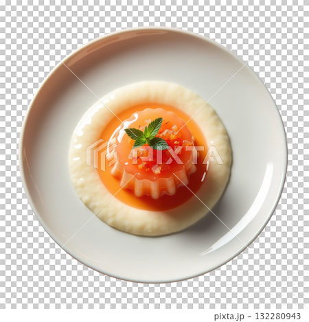 Top view of delicious grapefruit gelee dessert. refreshing yogurt cream jelly with an elegant mint garnish Top view of delicious grapefruit gelee dessert. refreshing yogurt cream jelly with an elegant mint garnish 132280943