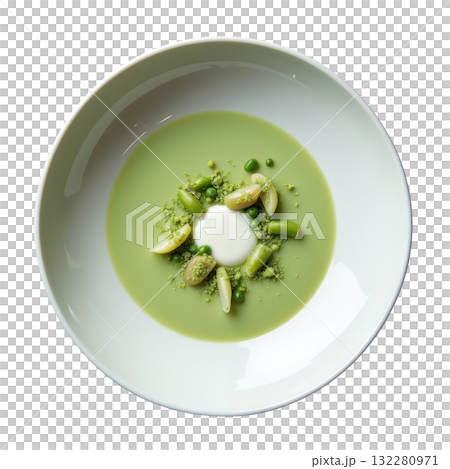 Elegant Leek Veloute, creamy green gourmet soup appetizer. fresh and healthy dish with beautiful presentation 132280971