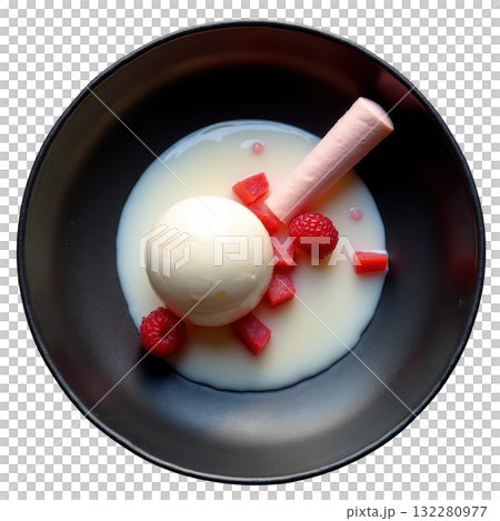 Elegant lychee sorbet scoop with raspberry, meringue stick, and rosewater reduction in dark bowl, refreshing dessert 132280977