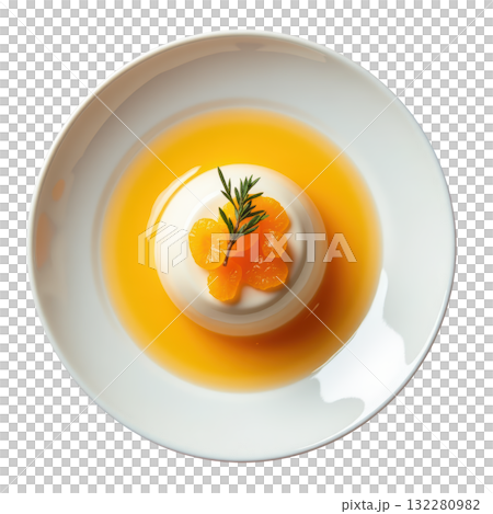 Refreshing mandarin gelee dessert with vanilla cream base. delicious citrus jelly with thyme garnish on plate Refreshing mandarin gelee dessert with vanilla cream base. delicious citrus jelly with thyme garnish on plate 132280982