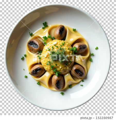 Morel Agnolotti handmade pasta with mushroom in delicious tarragon butter sauce. comforting and elegant gourmet meal 132280987