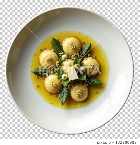 Delicious handmade morel mushroom tortellini pasta in wild garlic butter sauce topped with shaved gruyere on plate 132280988