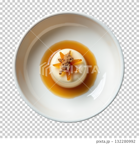 Elegant nutmeg cremeux dessert with pear and caramel sauce. tempting gourmet food presentation in white bowl Elegant nutmeg cremeux dessert with pear and caramel sauce. tempting gourmet food presentation in white bowl 132280992