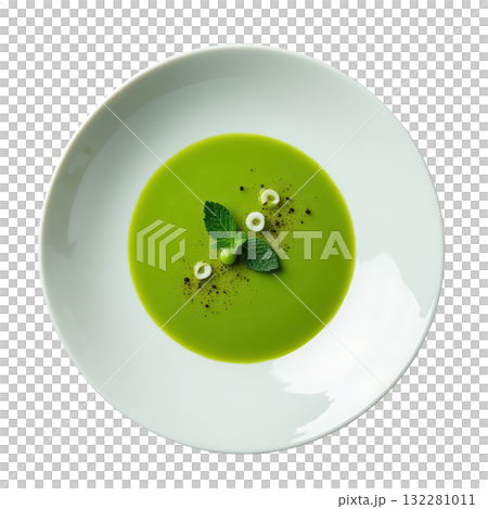 Refreshing gourmet green pea and mint soup. This delicious veloute dish healthy appetizer for fine dining meal Refreshing gourmet green pea and mint soup. This delicious veloute dish healthy appetizer for fine dining meal 132281011