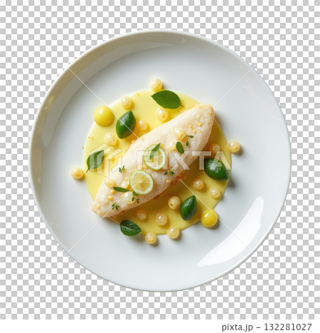 Elegant poached dover sole fish with lemon sauce. Gourmet dinner dish for fine dining, appetizing and fresh food 132281027