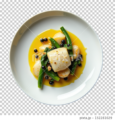 Elegant gourmet dish of poached monkfish seafood with flavorful lemongrass beurre blanc and fresh bok choy meal 132281029
