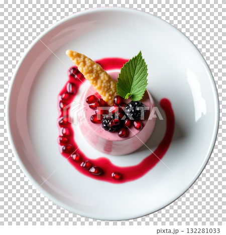 Gourmet pomegranate and blackberry mousse dessert with fresh mint. An elegant and delicious sweet food presentation Gourmet pomegranate and blackberry mousse dessert with fresh mint. An elegant and delicious sweet food presentation 132281033