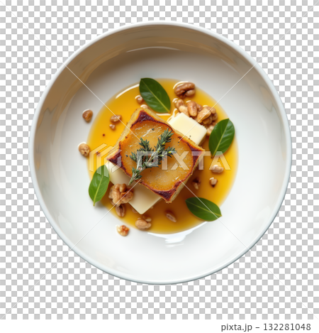 Elegant roasted jerusalem artichoke terrine with caramelized pear, smoked cheddar and delightful walnut jus Elegant roasted jerusalem artichoke terrine with caramelized pear, smoked cheddar and delightful walnut jus 132281048