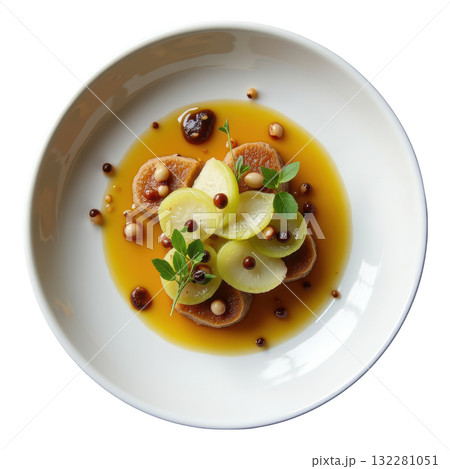 Appetizing roasted kohlrabi terrine with smoked ricotta, caramelized apple and savory hazelnut jus on white plate Appetizing roasted kohlrabi terrine with smoked ricotta, caramelized apple and savory hazelnut jus on white plate 132281051