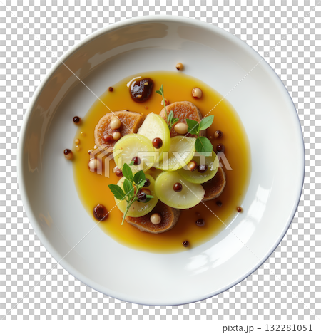 Appetizing roasted kohlrabi terrine with smoked ricotta, caramelized apple and savory hazelnut jus on white plate Appetizing roasted kohlrabi terrine with smoked ricotta, caramelized apple and savory hazelnut jus on white plate 132281051