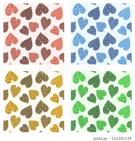 手描き風・ハートのシームレスパターン(4色セット) 手描き風・ハートのシームレスパターン(4色セット) 132281134