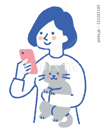 猫を抱いてスマホを見る女性_色 猫を抱いてスマホを見る女性_色 132281185