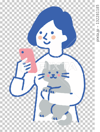 A woman holding a cat and looking at her smartphone_Color A woman holding a cat and looking at her smartphone_Color 132281185