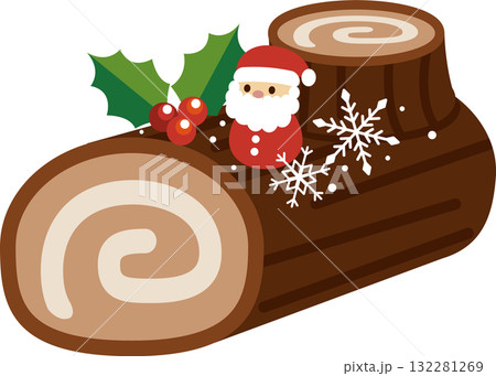 サンタクロースとセイヨウヒイラギの飾りつきのブッシュドノエル 132281269