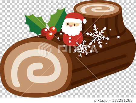 サンタクロースとセイヨウヒイラギの飾りつきのブッシュドノエル 132281269