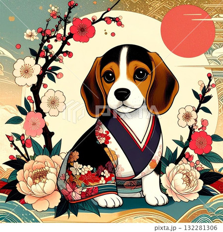 振袖を着たビーグル子犬と牡丹と梅の花の和風イラスト4/チラシやポスター用素材 振袖を着たビーグル子犬と牡丹と梅の花の和風イラスト4/チラシやポスター用素材 132281306