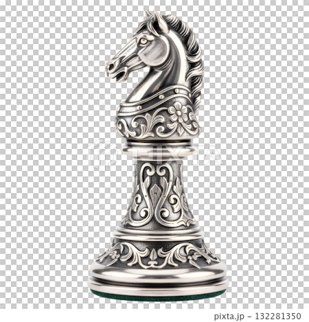 Powerful silver knight chess piece, an ornate craft of elegant and intricate design for strategic classic board game 132281350