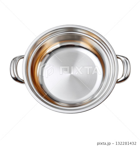 Stainless Steel Cooking Pot with Handles, Top View, Kitchen Cookware for Culinary Preparation and Serving 132281432