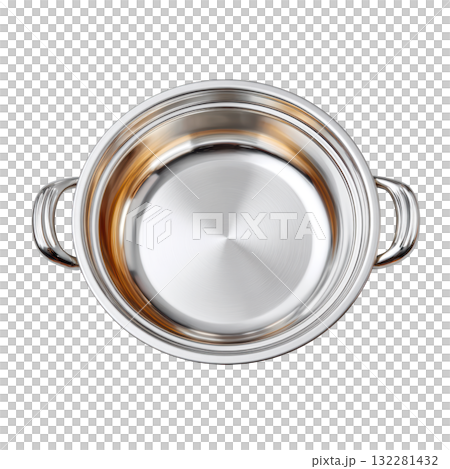 Stainless Steel Cooking Pot with Handles, Top View, Kitchen Cookware for Culinary Preparation and Serving 132281432