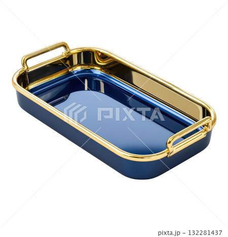 Elegant Rectangular Baking Dish with Blue Interior and Gold Trim Ideal for Kitchen and Serving Purposes Elegant Rectangular Baking Dish with Blue Interior and Gold Trim Ideal for Kitchen and Serving Purposes 132281437