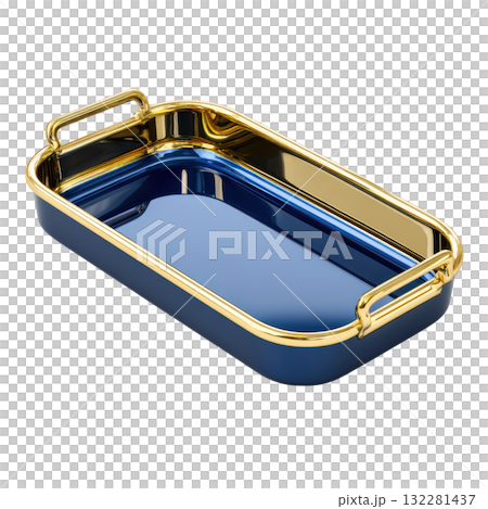 Elegant Rectangular Baking Dish with Blue Interior and Gold Trim Ideal for Kitchen and Serving Purposes Elegant Rectangular Baking Dish with Blue Interior and Gold Trim Ideal for Kitchen and Serving Purposes 132281437