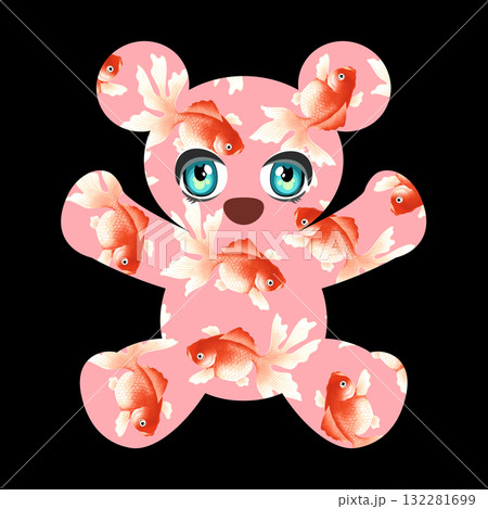 ポップなクマに和調の金魚を合わせたイラスト, 132281699