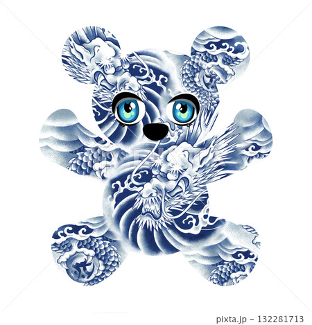 ポップなクマに和調の龍を合わせたイラスト, ポップなクマに和調の龍を合わせたイラスト, 132281713