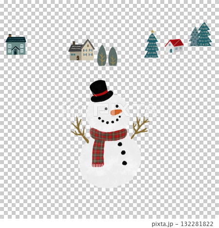 Illustration set of a winter landscape with Scandinavian-style houses and trees and a snowman 132281822