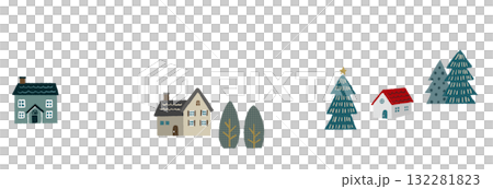 北欧風の家と木が並ぶ冬の風景イラストの素材セット 北欧風の家と木が並ぶ冬の風景イラストの素材セット 132281823