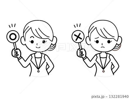 マルとばつを出すビジネスパーソンのイラスト　モノクロ,OL,ビジネスウーマン,上半身,人物　 132281940