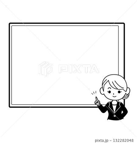 ボードの前で指差しポーズをする女性のイラスト　ビジネスパーソン,ビジネスマン,ビジネスウーマン,女性 132282048