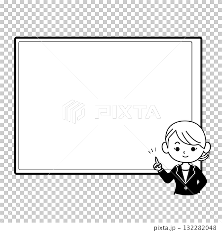 ボードの前で指差しポーズをする女性のイラスト　ビジネスパーソン,ビジネスマン,ビジネスウーマン,女性 132282048