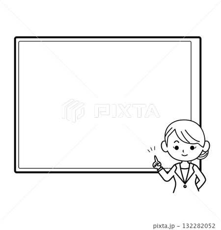 ボードの前で指差しポーズをする女性のイラスト ビジネスパーソン,ビジネスマン,ビジネスウーマン,女性 ボードの前で指差しポーズをする女性のイラスト ビジネスパーソン,ビジネスマン,ビジネスウーマン,女性 132282052