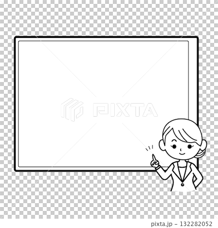 ボードの前で指差しポーズをする女性のイラスト ビジネスパーソン,ビジネスマン,ビジネスウーマン,女性 ボードの前で指差しポーズをする女性のイラスト ビジネスパーソン,ビジネスマン,ビジネスウーマン,女性 132282052