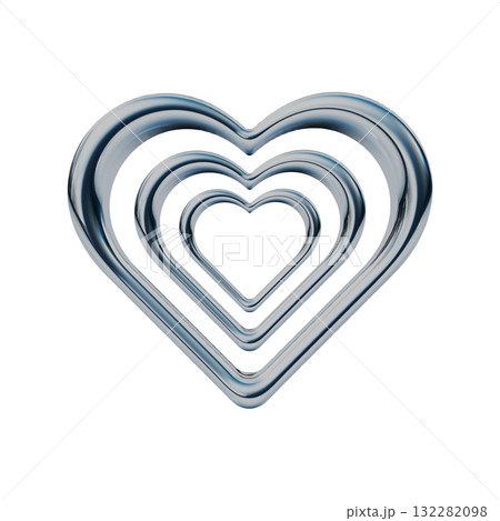 3重のハートのメタリック3Dアイコン。Y2Kスタイルのあしらいスタンプイラスト 132282098