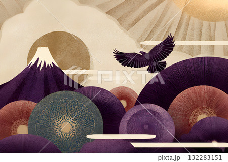 富士山と鷹の日本画風イラスト / Japanese Style Painting of Mt. Fu 富士山と鷹の日本画風イラスト / Japanese Style Painting of Mt. Fu 132283151