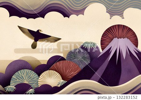 富士山と鷹の日本画風イラスト / Japanese Style Painting of Mt. Fu 132283152
