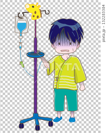 A pale, bloodless child standing with an IV drip 132283384