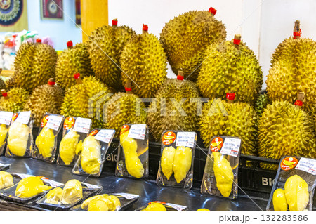 Supermarket aisles shelves full of durian fruit products Thailand. Supermarket aisles shelves full of durian fruit products Thailand. 132283586