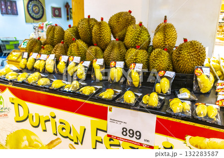 Supermarket aisles shelves full of durian fruit products Thailand. Supermarket aisles shelves full of durian fruit products Thailand. 132283587