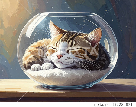 金魚鉢の中で眠る猫　AI生成画像 132283871