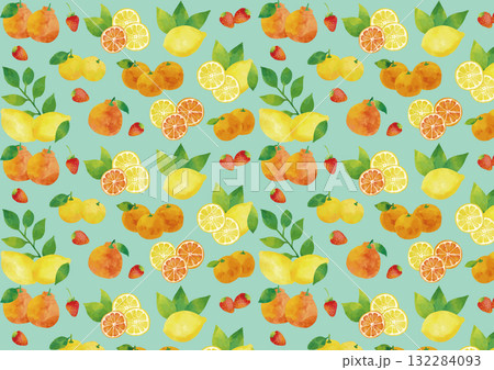水彩風 冬の柑橘類（イチゴ・ユズ・デコポン・レモン・ミカン） 132284093