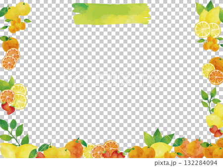 Watercolor winter citrus fruits (strawberry, yuzu, mandarin orange, lemon, dekopon, kumquat) frame 132284094