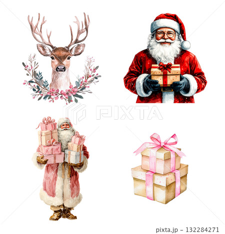 サンタクロース、トナカイ、クリスマスギフトのイラストセット 132284271