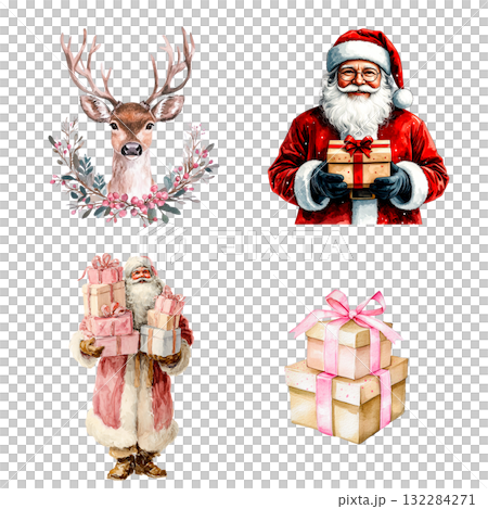 サンタクロース、トナカイ、クリスマスギフトのイラストセット 132284271
