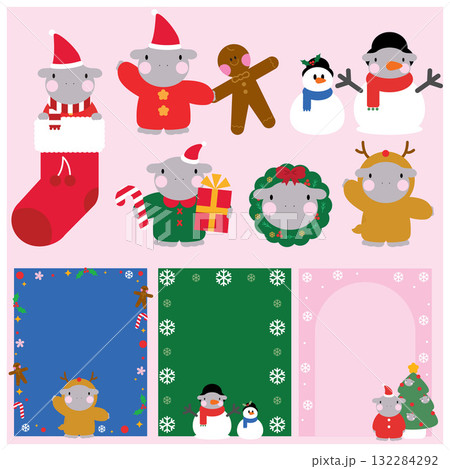 set of cute baby Hippo icons with snowman 132284292