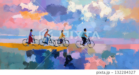サイクリングを楽しむ人々(油彩) / People Enjoying Cycling (Oil Pa サイクリングを楽しむ人々(油彩) / People Enjoying Cycling (Oil Pa 132284327